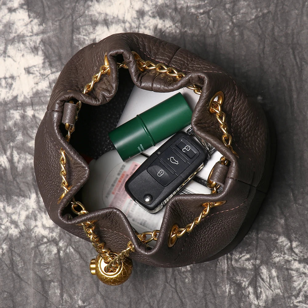 LUOKIR New Metal Drawstring Versatile Women's Handbag Genuine Leather Chain Crossbody Bag Vintage Bucket Bag Mobile Phone Bag