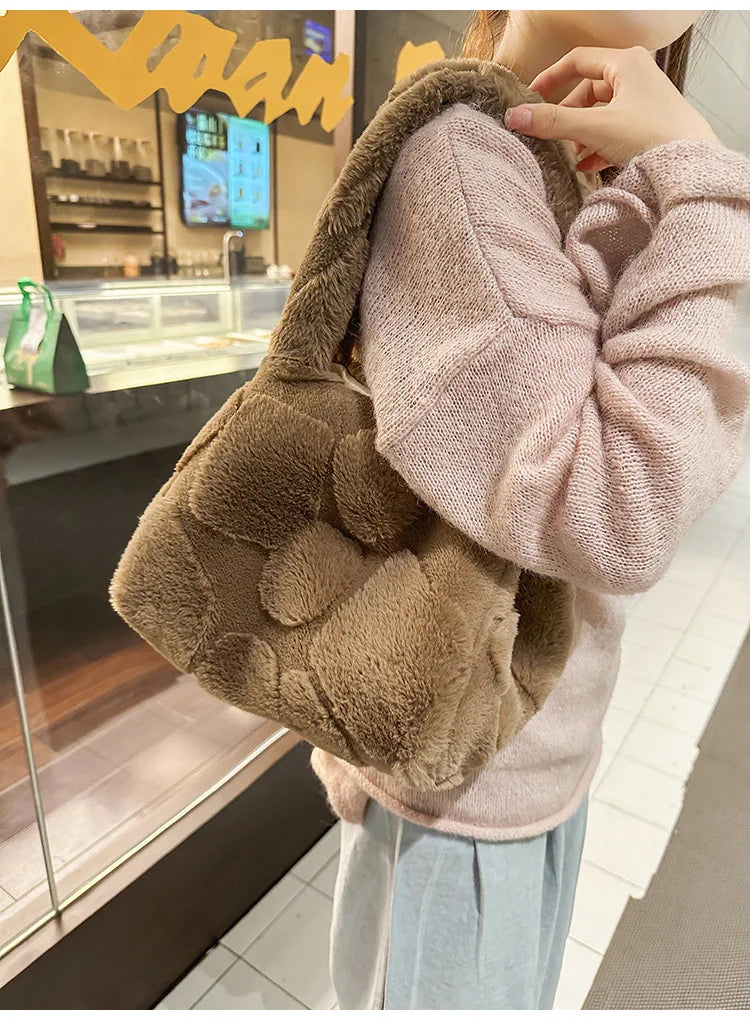 Faux Fur Tote Bag High Quality Plush Handbag Women Fall Winter Vintage Fashion Large Capacity Shoulder Bag
