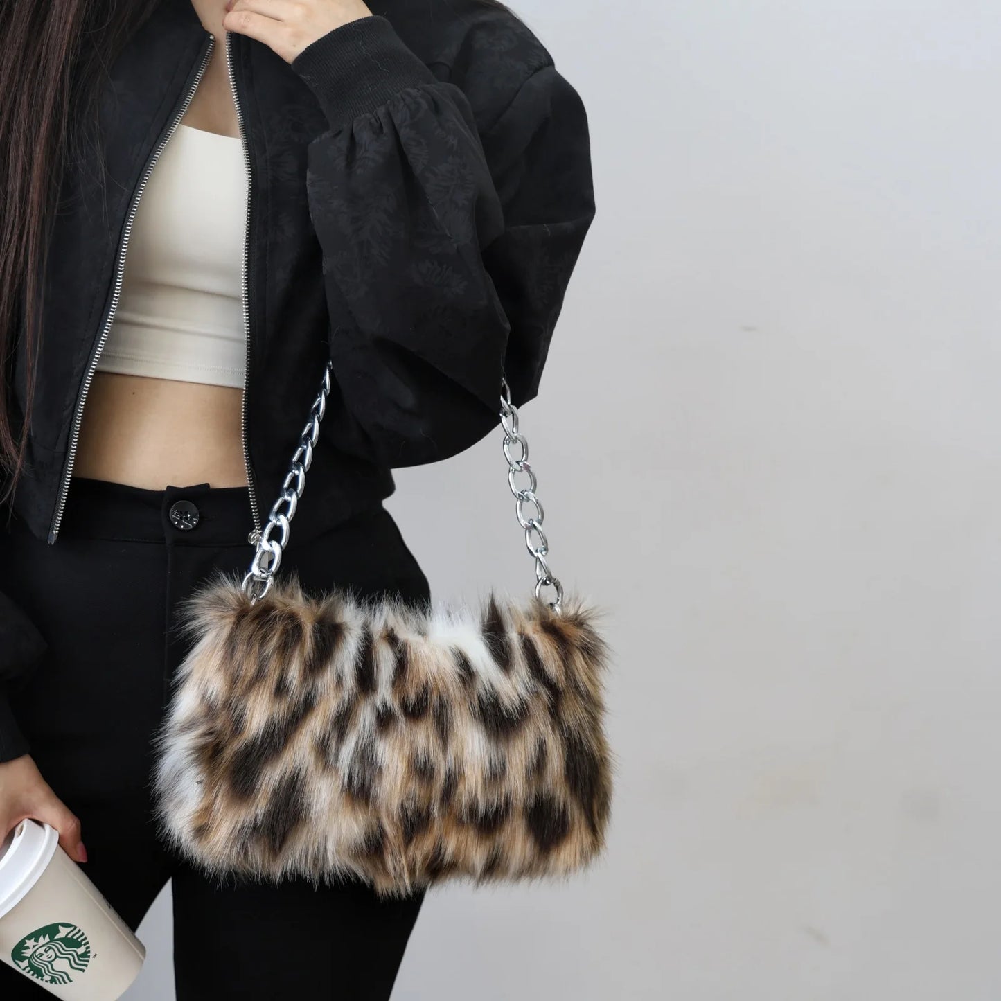 New Faux Fur Leopard Shoulder Bag Women's Autumn Winter Chain Handbags Ladies Leopard Print Clutch Purses Fluffy Top Handle Bags
