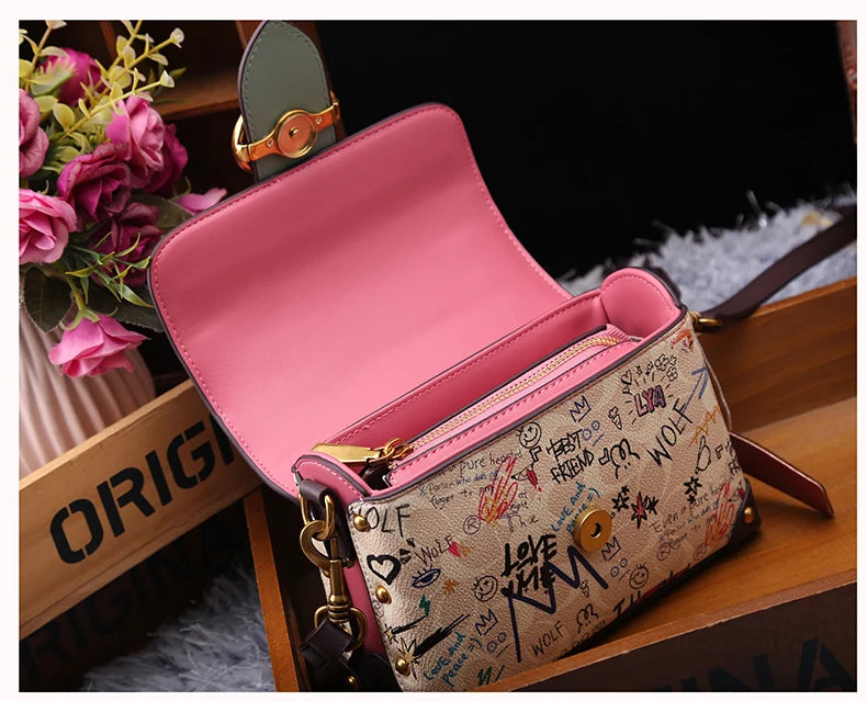 Brand premium women's bag graffiti box small square bag 2024 new autumn and winter designer handbag single shoulder crossbody ba