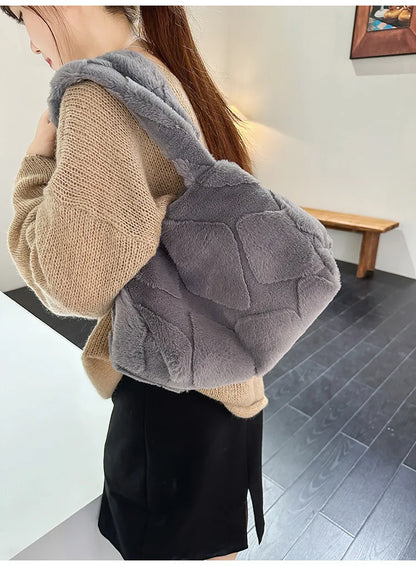Faux Fur Tote Bag High Quality Plush Handbag Women Fall Winter Vintage Fashion Large Capacity Shoulder Bag