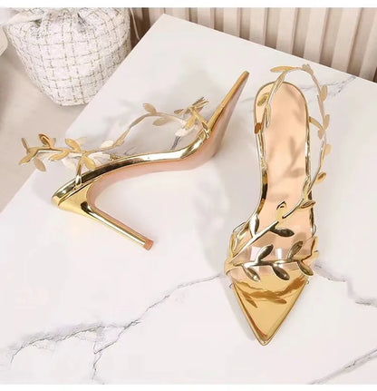 2024 Summer Fashion Patent Leather Gold Leaf Women Sandals Elegant Pointed toe Thin High heels Gladiator Sandalias Party Shoes