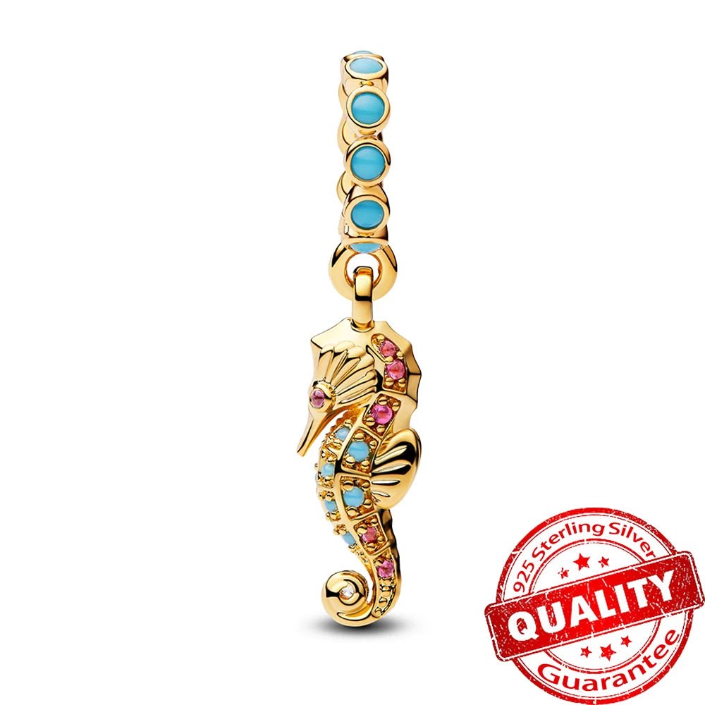 Gorgeous 925 Sterling Silver Stones & Enamel Clip Beads & Seahorse Dangle Charm Fits Bracelet For Women Gold Necklace Pendant